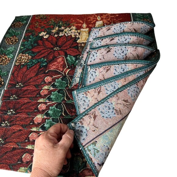 Christmas Tapestry Placemats Set Of 6 With Poinsettia Pinecones & Candle Design - Picture 3 of 10